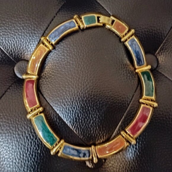 Enamel Multicolor Gold Accents Rectangular Shapes Necklace Chocker - Picture 2 of 11